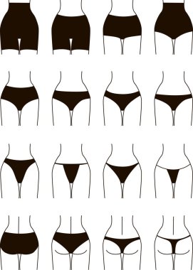 Kadın külotu, iç çamaşırı tipi ip, tanga, bikini. Küstah, hippi, klasik kısa, eski moda, yüksek bel ya da ince iç çamaşırı koleksiyonu. Taslak vektör illüstrasyonu