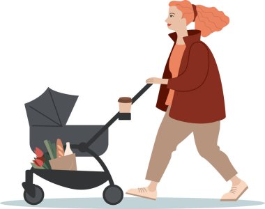 Modern Moda Anne Bebek Arabası ile Yürüyor. Düz Vektör İllüstrasyonu