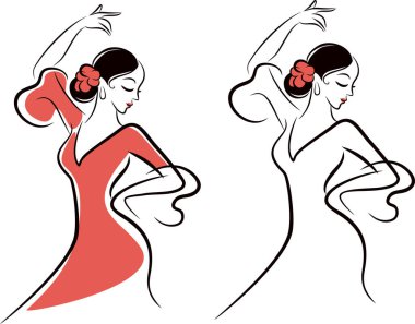 Flamenko dansçısının logosu. Geleneksel İspanyol elbisesiyle flamenko yapan kadın. Asgari Çizgi Sanat Vektörü illüstrasyonu