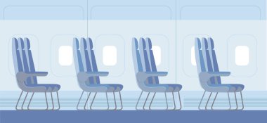 Uçak içi koltuklu. Uçağın içindeki pencereler. Uçak iç tasarımı. Uçak koltukları çizgi film stili. Düz vektör illüstrasyonu