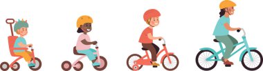 Çocuklar bisikletle evrimleşirler, çocuklar farklı türde bisiklet sürerler güvenlik kaskı takarlar.