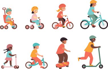 Bisiklet süren çocuklar, scooter 'lar, kaykay, denge bisikleti, çocuk taşıma illüstrasyonu. Vektör çizgi film seti