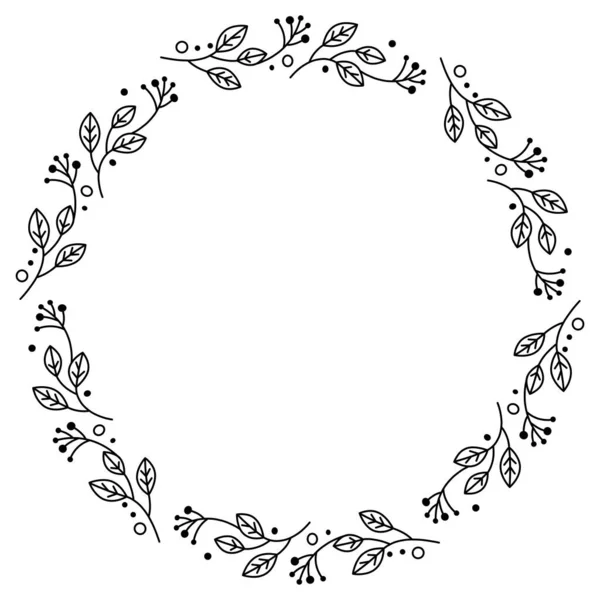 Couronne Florale Style Line Art Cercle Feuilles Aux Contours Style — Image vectorielle