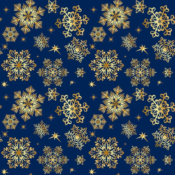 暗い青色の背景にある黄金の雪片からのシームレスなパターン — ストックベクタ