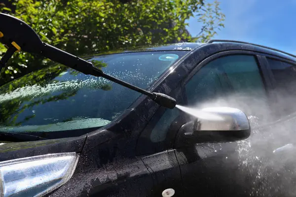 Handmatige Carwash Met Water Onder Druk Buiten — Stockfoto