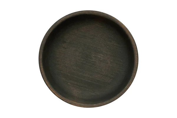 简朴简朴的木碗 白色隔离 空的木制盘子 顶部视图 平躺在床上 — 图库照片