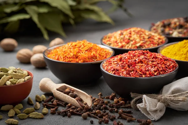 Bowls Various Aromatic Spices Herbs Different Seasoning Red Hot Pepper — Stock Photo, Image