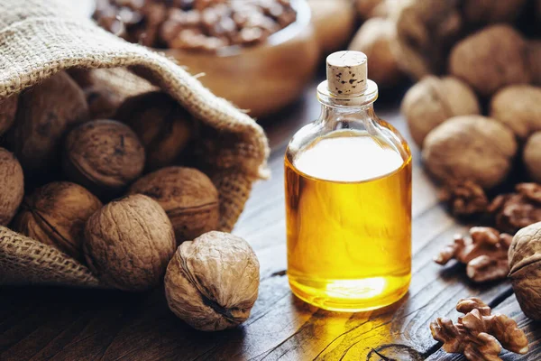 Walnuts Bottle Essential Nut Oil Sack Walnuts — Stock Photo, Image