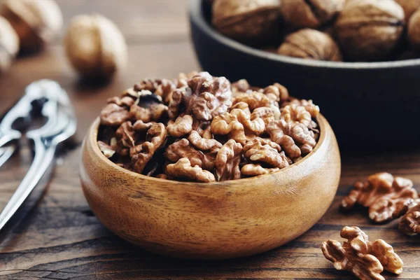 Shelled Walnuts Nutcracker Bowl Nuts Kitchen Table — Stock Photo, Image