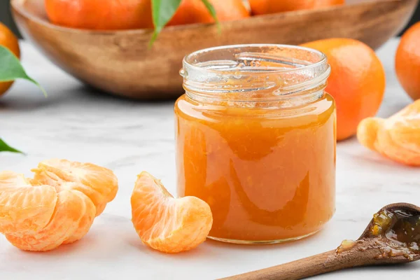 Jar Healthy Tangerine Jam White Kitchen Table Wooden Bowl Mandarin — Stock Photo, Image