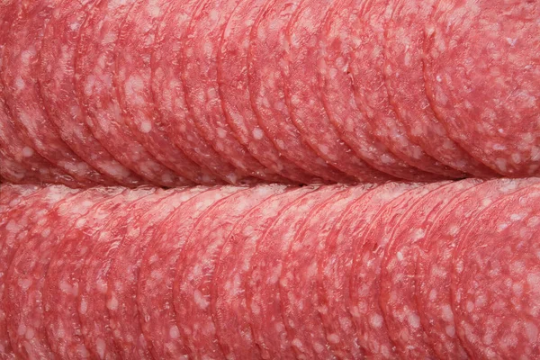 Gesnipperde Salami Worst Bovenaanzicht Plat Leggen — Stockfoto