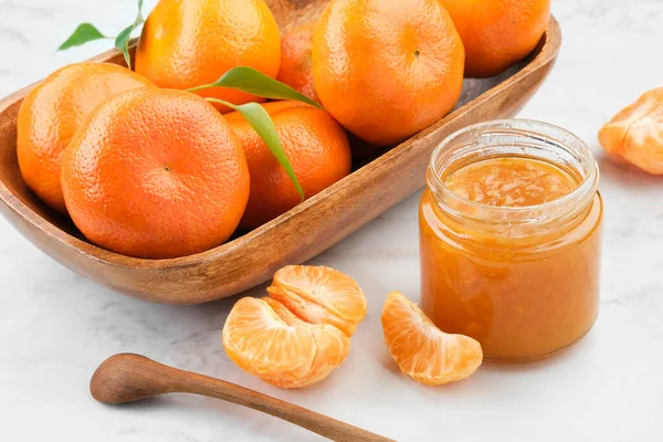Jar Healthy Tangerine Jam Wooden Bowl Mandarin Oranges Fruits White — Stock Photo, Image