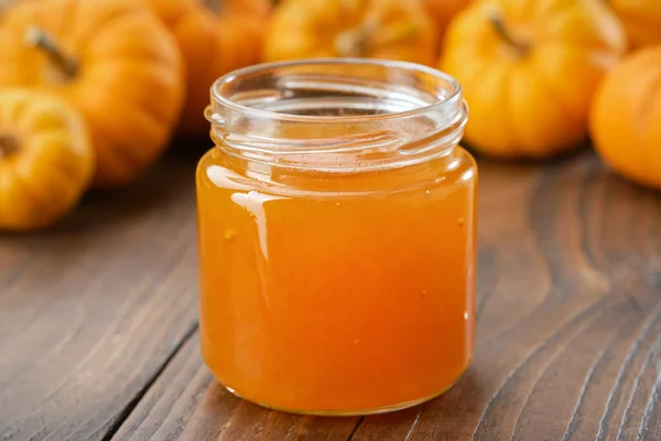 Jar Healthy Pumpkin Jam Kitchen Table Pumpkins Background — Stock Photo, Image