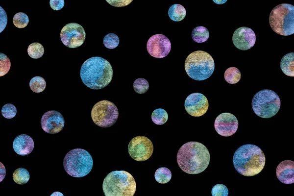 Nahtloses Muster Gemalter Planeten Mit Leuchtenden Aquarellfarben Auf Schwarzem Hintergrund — Stockfoto