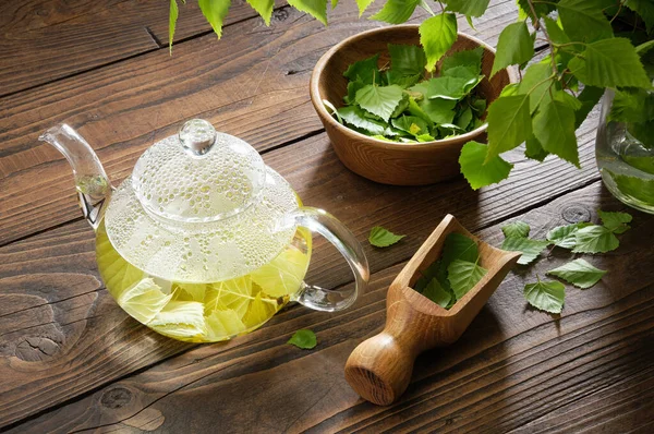 Glass Teapot Birch Leaf Tea Tea Herbal Tea Kettle Bowl — Stock Photo, Image