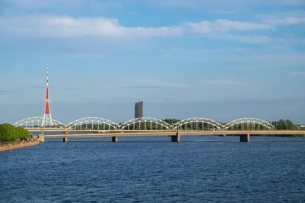 View Railway Bridge Daugava River Riga Radio Television Tower Riga — Stock Photo, Image