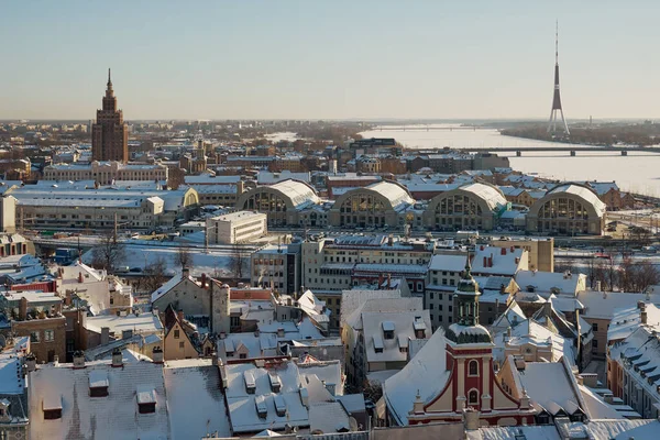 Beautiful Panoramic View Tower Saint Peters Church Old Town Riga — Stock Photo, Image