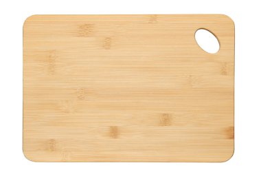 Yukarıdan bambu kesme tahtası görünümü, beyaza izole edilmiş. Gıda tasarımı, ürün sunumları, gıda maddelerinin üst üste eklenmesi veya mutfak ve tasarım projelerinde kullanılmak için mükemmeldir..