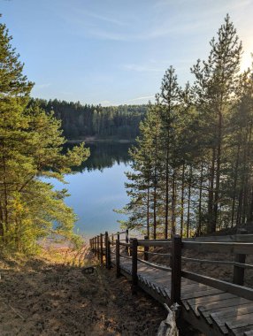 Tahta bir merdiven, Letonya 'nın Ogre kentindeki Blue Hills Doğa Parkı' nda çam ormanlarıyla çevrili sakin bir göle açılıyor. Yürüyüş, turizm ve açık hava rahatlığı için ünlü manzaralı bir yer..
