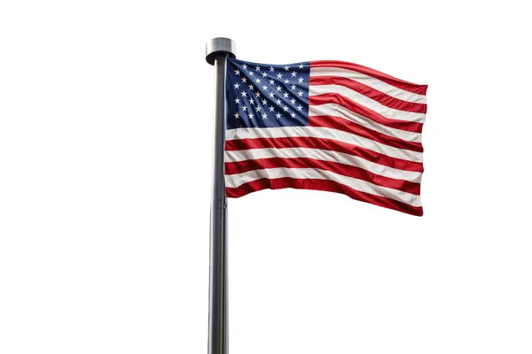 Mávání Vlajkou Spojených Států Amerických Vlajkovém Stožáru Izolovaném Bílém Pozadí — Stock fotografie