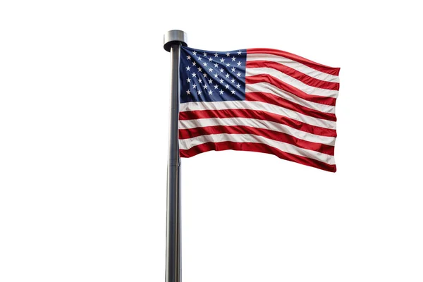 アメリカ合衆国の旗を白い背景に隔離された旗の柱の上に掲げる デザインで使用するための準備 ロイヤリティフリーのストック写真
