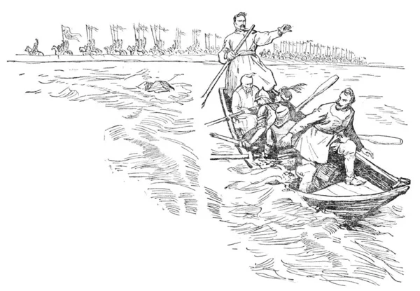 Bohdan Khmelnytskyi Starytskyi一书的说明 Circa 1645 在柯达附近的柯达急流 古柯达的现代名称 穿过第聂伯河 船上有划船手 船夫Bohdan — 图库照片