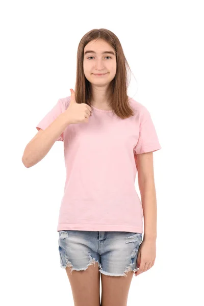 Menina Bonita Nova Uma Camiseta Rosa Calções Ganga Fundo Branco — Fotografia de Stock
