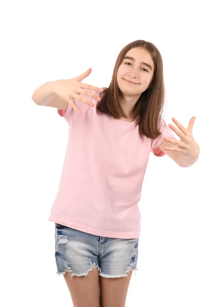 Menina Bonita Nova Uma Camiseta Rosa Shorts Jeans Fundo Branco — Fotografia de Stock