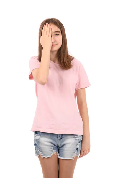 Young Beautiful Girl Pink Shirt Denim Shorts White Background Covering — Stock Photo, Image