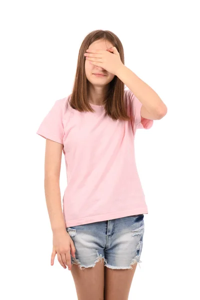 Menina Bonita Nova Uma Camiseta Rosa Calções Ganga Fundo Branco — Fotografia de Stock