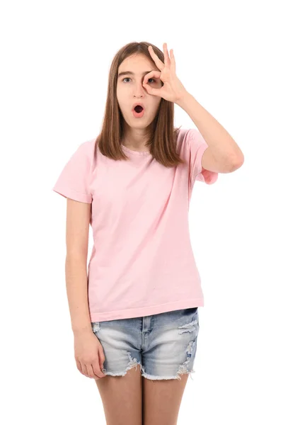 Jong Mooi Meisje Een Roze Shirt Spijkerbroek Een Witte Achtergrond — Stockfoto