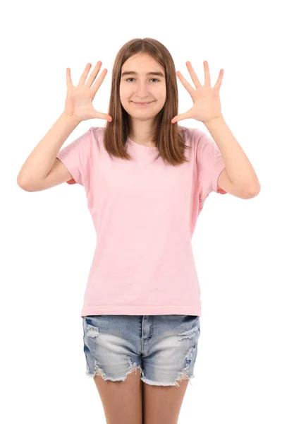 Young Beautiful Girl Pink Shirt Denim Shorts White Background Showing — Stock Photo, Image