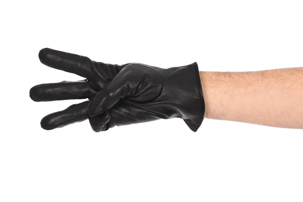 Man Met Zwarte Leren Handschoen Witte Achtergrond Close Boom Vingers — Stockfoto