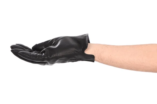 Man Met Zwarte Leren Handschoen Witte Achtergrond Close Zijaanzicht Hoge — Stockfoto