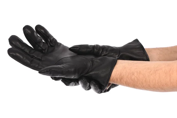Man Wearing Black Leather Glove White Background Closeup Side View —  Fotos de Stock