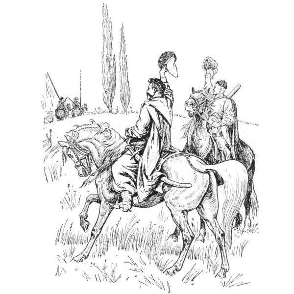 Иллюстрация из книги Богдана Хмельницкого, М. Старицкий. CIRCA 1645: Прощание казаков Богдана Хмельницкого и Алексея Морозенко (Ахметка), казаки поднимают шляпы в знак уважения к товарищам.