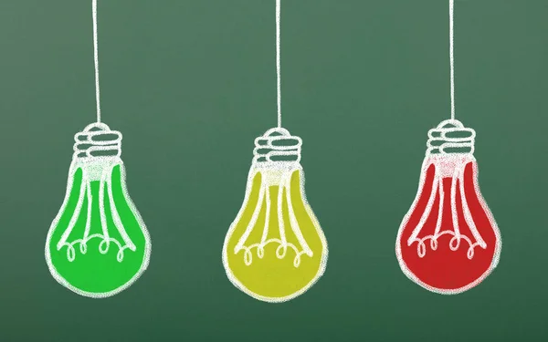 Blackboard Drawn Incandescent Lamps Each Lamp Glows Red Yellow Green — Stock Photo, Image