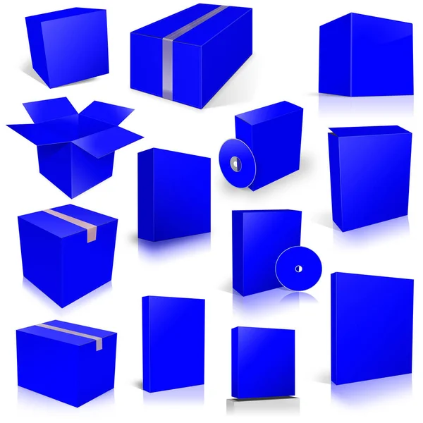 Thirteen Blue Shipping Box Software Boxes Layouts Presentation Design Rendering — Stockfoto