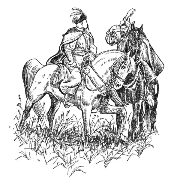 この本のイラストはBohdan Khmelnytskyi Starytskyiです Circa 1648 黄色の水の戦いの前に彼の友人トゥガリン ベイとボフダンKhmelnytskyiの会話 どちらも馬に乗っている — ストック写真