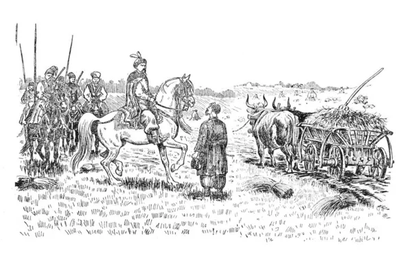 Bohdan Khmelnytskyi Starytskyi一书的说明 Circa 1647 博赫丹 赫梅利尼茨基与一位农民谈论他的生活 在哥萨克人的后面Mykhailo Naquta Mykhas — 图库照片