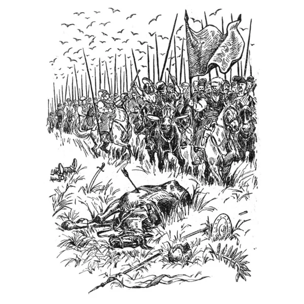 Bohdan Khmelnytskyi Starytskyi一书的说明 Circa 1648 哥萨克人在Zhovti Vody 的战斗 反叛者的第一个重大胜利 — 图库照片