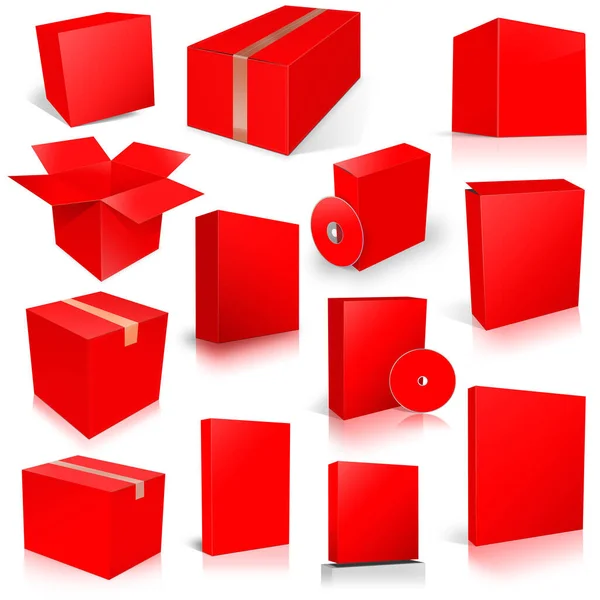 Thirteen Red Shipping Box Software Boxes Layouts Presentation Design Rendering — Stock Photo, Image