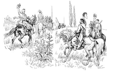 Bohdan Khmelnytskyi, M. Starytskyi kitabından bir görüntü. CIRCA 1645: Kazaklara elveda: Sağda Hryhoriy Ganzha ve Ivan Bohun, solda Bohdan Khmelnytskyi ve Oleksa Morozenko (Akhmetka)).
