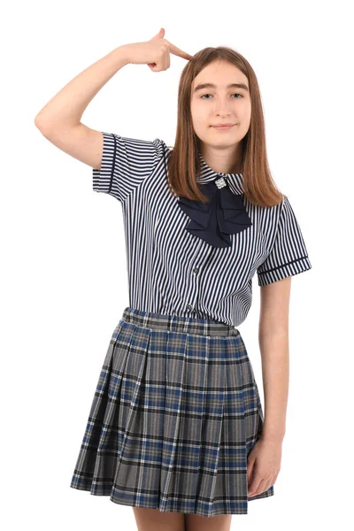 Νεαρό Όμορφο Κορίτσι Σχολική Στολή Λευκό Φόντο Μπερδεύει Και Αναρωτιέται — Φωτογραφία Αρχείου