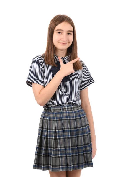 Ung Vacker Flicka Skola Uniform Vit Bakgrund Glad Med Ett — Stockfoto