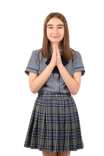 Ung Vacker Flicka Skoluniform Vit Bakgrund Med Händerna Tillsammans Förlåtelse — Stockfoto