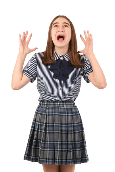 Young Beautiful Girl School Uniform White Background Crazy Mad Shouting — Stock Photo, Image
