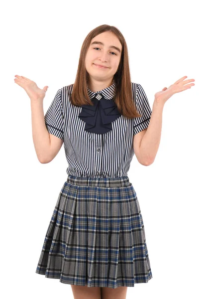 Fiatal Gyönyörű Lány Iskolai Egyenruhában Fehér Háttérrel Tanácstalan Zavaros Arckifejezéssel — Stock Fotó