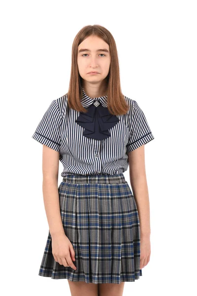 Jong Mooi Meisje Een School Uniform Een Witte Achtergrond Trieste — Stockfoto