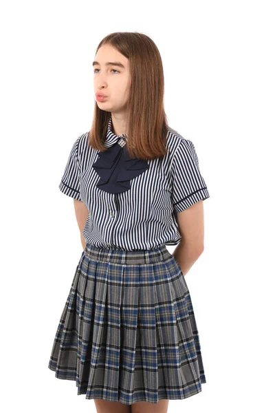 Νεαρή Όμορφη Κοπέλα Σχολική Στολή Λευκό Φόντο Καταθλιπτική Και Ανήσυχη — Φωτογραφία Αρχείου